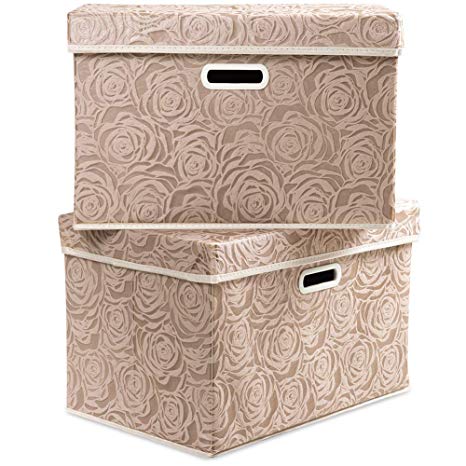 Prandom Large Stackable Storage Bins with Lids [2-Pack] Fabric Decorative Storage Box Cubes Organizer Containers Baskets with Cover Handles Divider for Bedroom Closet Living Room (Brown)