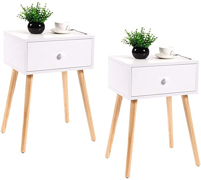 JAXPETY Set of 2 Bedside Table Solid Wood Legs Nightstand w/White Storage Drawer