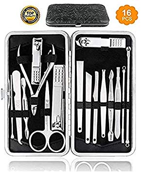 HudaBeauty Manicure Pedicure 16 Tools Set Nail Clippers Stainless Steel Professional Nail Scissors Grooming Kits, Nail Tools with Leather Case