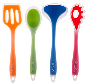 Silicone Nonstick Kitchen Cooking Utensil Spatula Tool Set, Colorful Gadgets, Set Includes; Slotted Turner, Pasta Fork, Spoon Spatula, Ladle