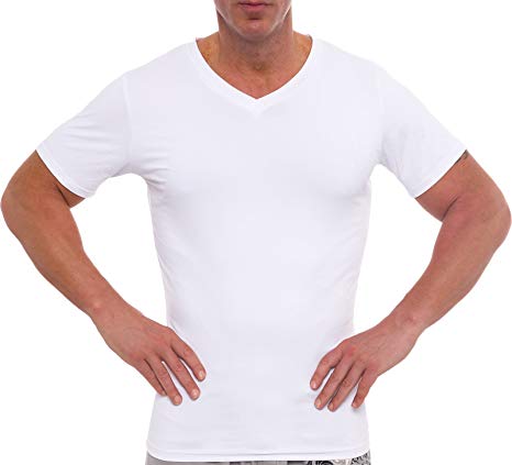 Men's Slimming Light Compression V-Neck Shirt - Short Sleeve Body Shaper T-Shirt for Gynecomastia, Weight Loss
