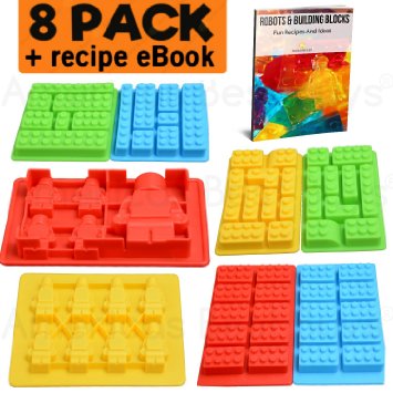 Best 8pc Silicone Molds for Lego Lovers   Recipe eBook. Candy Chocolate Maker Baking Mold Gummy Jello Ice Cube Blocks - Candle Crayons Soap Trays. Building Block Bricks   Minifigure Robot (Set of 8)