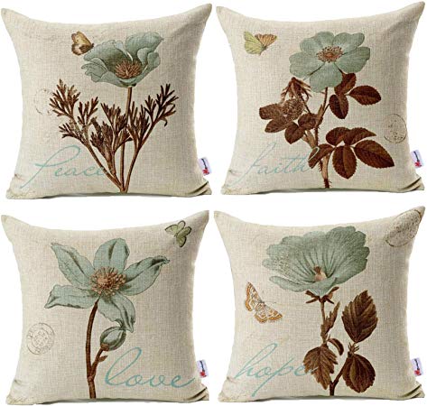 Monkeysell Pack of 4 Lotus Leaf Butterfly Flowers Pattern Cotton Linen Throw Pillow Case Boho Floral Printed Pillow Cushion Cover Home Sofa Decorative 18 X 18 Inch (Cushion Cover)