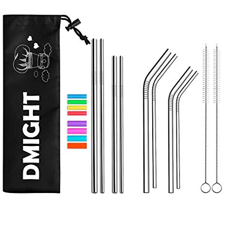 Stainless Metal Steel Straws,DMight Set of 8 Reusable Drinking Straws for 30oz 20oz Tumbler 10.5’’ 8.5’’ Diameter 0.24’’ 0.31’’ with Straw Carrying Case and 8 Silicone Rainbow Tips and 2 Clean Brush
