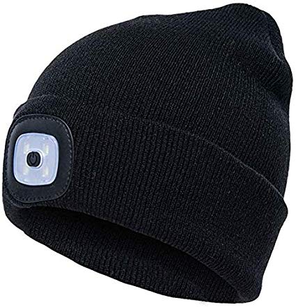 LED Beanie Hat with Light,Unisex 4 LED USB Rechargeable Headlamp Knitted Cap Flashlight Head Lights Hat Women Men Gift for Hiking, Biking, Camping,Walking,Running (Black)