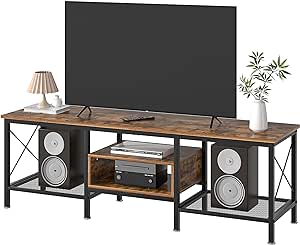 VECELO Industrial TV Stand for 65 Inch Television Cabinet 3-Tier Console with Open Storage Shelves, Entertainment Center Metal Frame for Living Room, Bedroom, 55 Inch, Dark Brown