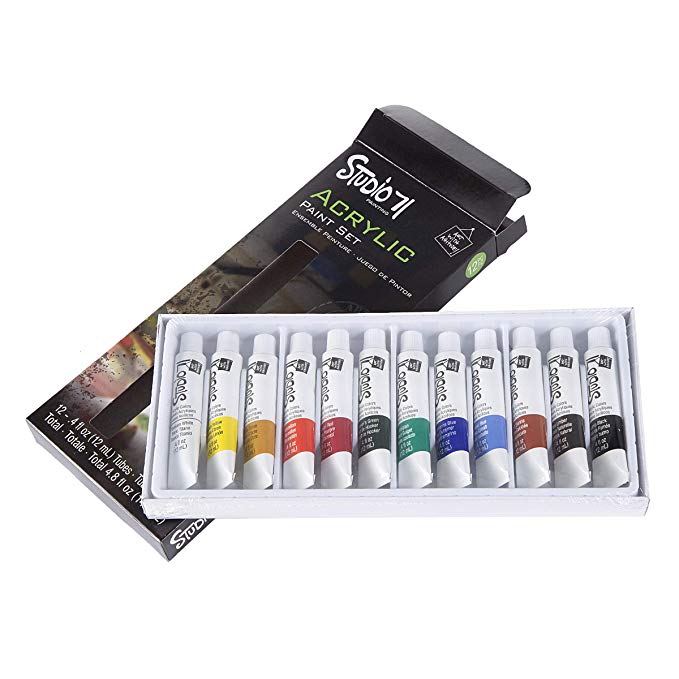 12 PC Acrylic Paint Set Water Based for Canvas, Wood, Fabric, Paper & More!