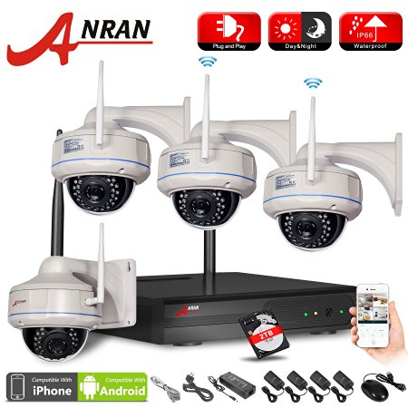 ANRAN 4CH 1080P HD WIFI NVR Home Security Camera System with 4pcs Outdoor Megapixel Wireless IR Night Vision IP Camera Dome Plug Play 2TB Hard Drive