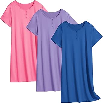 Ekouaer 3 Pack Nightgowns for Women Sleepwear Short Sleeves Sleep Shirts Button Down Nightshirt Sleep Dress