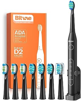 Bitvae Ultrasonic Electric Toothbrushes - Electric Toothbrush for Adults and Kids , American Dental Association Accepted , Rechargeable Travel Sonic Toothbrush with 8 Heads , Black D2