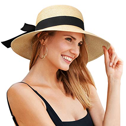 AOMAIS Sun Hats for Women, Foldable Wide Brim UV UPF 50  Beach Fedora Straw Hat