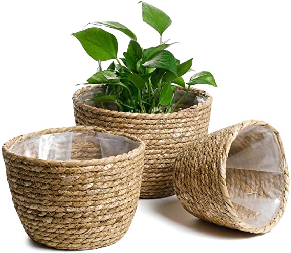 POTEY 740101 Seagrass Planter Basket - Set of 3 Hand Woven Basket Indoor Outdoor Storage Flower Pot Cover Containers with Waterproof Plastic Liner for Modern Home Decor(Seagrass Brown)