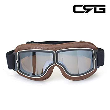 CRG Sports Vintage Aviator Pilot Style Motorcycle Cruiser Scooter Goggle T13 T13BSN Silver Lens Brown Padding
