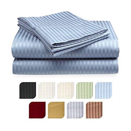 Crystal Trading 4-Piece Bed Sheet Set - Dobby Stripe - 100% Cotton Sateen - 300 Thread Count (Queen, Light Blue)
