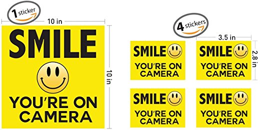 Smile Your On Camera - Security Signs - Includes (1) 10"x10" inch & (4) 3.5"x 2.8" inch stickers - Security Stickers - Home Security - Video Surveillance Signs - Vandalism Robbery & Theft Prevention