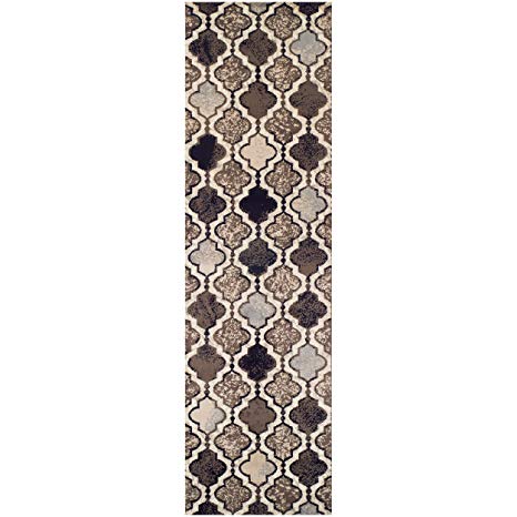 Superior Modern Viking Collection Area Rug, 8mm Pile Height with Jute Backing, Chic Textured Geometric Trellis Pattern, Anti-Static, Water-Repellent Rugs - Ivory, 2'7" x 8' Runner