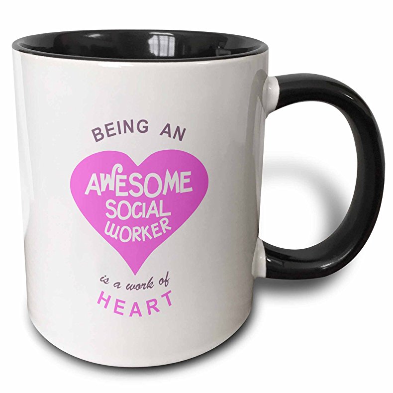 3dRose Being an Awesome Social Worker is a work of Heart - pink - job quote - Two Tone Black Mug, 11oz (mug_183884_4), 11 oz, Black/White
