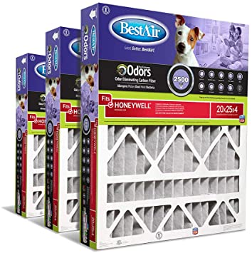 BestAir PFHW2025-11CR AC Furnace Air Filter, 20" x 25" x 4", MERV 11, Removes Allergens & Contaminants, Carbon Infused to Eliminate Odor, Fits 100%, For Honeywell Models, Pack of 3