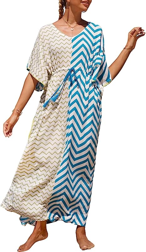 Bsubseach Geometric Print Kaftan Dresses for Women Caftans Loungewear with Waist Drawstring