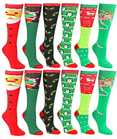Women's Christmas Socks, 12 Pairs, Holiday Xmas Gift, Novelty Colorful Patterns (12 Pairs Knee High Socks)