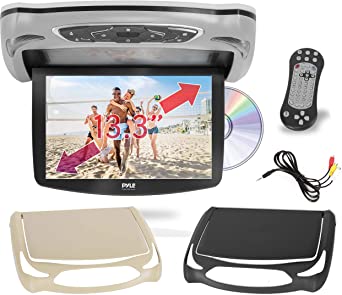 Car Roof Mount DVD Player Monitor 13.3 inch Vehicle Flip Down Overhead Screen- HDMI SD USB Card Input with Built-in IR Transmitter for Wireless IR Headphone, 3 Style Colors - Pyle PLRD146