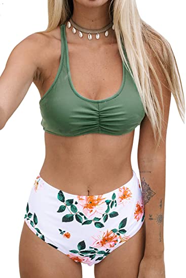 CUPSHE Women's Celadon Green Floral Lace Up High Waisted Bikini
