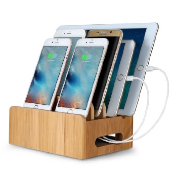 Outtek Bamboo Charging Station Stand Multi-Device Cords Organizer Dock [Compatible Most Multi-Port USB Charger] for Smartphones and Tablets