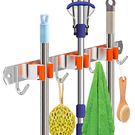 SOONHUA Broom Holder Wall Mounted, 5 Position with 6 Hooks Garage Pantry Organizer and Storage, Stainless Steal Mop and Broom Organizer Garden Tool Organizer, Closet Storage for Garage Shelving Ideas