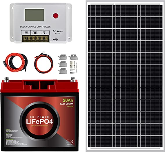 ECI Power 100W 12V Solar Power Kit | 12V 20Ah LiFePO4 Lithium Battery | 100W Mono Rigid Solar Panel, 10A PWM Solar Charge Controller | RV, Trailer, Camper, Marine, Off Grid, Solar Projects