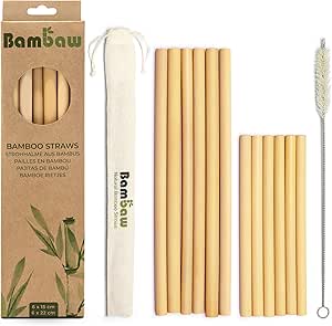 Bambaw Bamboo Straws Reusable, Bamboo Drinking Straws with Straw Cleaner Brush & Straw Pouch, Eco Friendly Reusable Straws Dishwasher Safe, Pack of 6 Straws - 5.9'' & 6 Straws - 8.7''