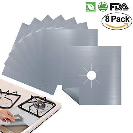 Antallcky 8-Pack Silver Gas Range Protectors Stovetop Burner Protector Liner Cover Clean Mat Pad,Reusable, Non-Stick, Dishwasher Safe, Easy to Clean 8 Pack - Size 10.6 x 10.6 inch