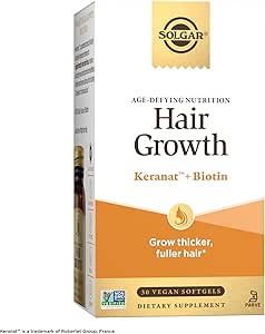 Solgar Hair Growth Age-Defying Nutrition For Men & Women—Thicker Fuller Hair Growth with Keranat Oil, Biotin, Zinc and Copper - One Softgel Daily, Vegan, Dairy, Soy and Gluten Free, 30 Servings