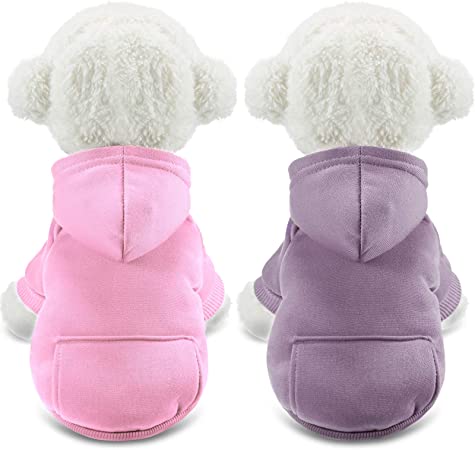 2 Pieces Winter Dog Hoodie Warm Small Dog Sweatshirts with Pocket Cotton Coat for Dogs Clothes Puppy Costume (Pink, Light Purple,S)