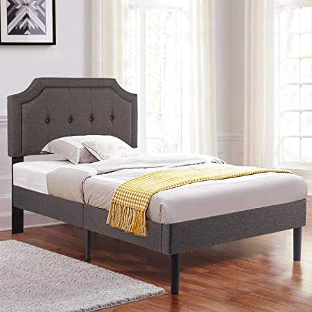 VECELO Premium Upholstered Platform Bed Diamond Stitched Panel Headboard, Metal Frame & 12 Strong Wood Slat Support, Mattress Foundation/Easy Assembly,Twin, Dark Gray