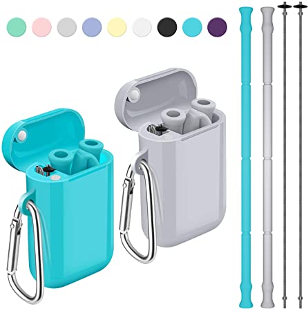 Silicone Straws, Funbiz 2 Pack Portable Collapsible Reusable Straw with Case and Extra Long Cleaning Brush for Kids Adult, BPA Free Foldable Travel Drinking Straws for Smoothie Coffee, Teal & Grey