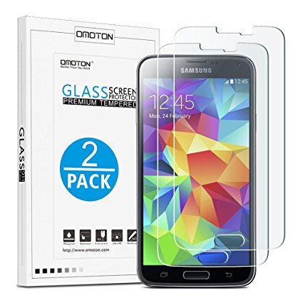 OMOTON Samsung Galaxy S5/S5 Neo Glass Screen Protector [2 Pack] - [2.5D Round Edge] [9H Hardness] [High Definition] [Bubble Free] Tempered Glass Screen Protector for Samsung Galaxy S5/S5 Neo, 5.1 Inch