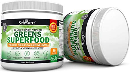 46 Organic Plant Nutrients Greens Superfood   Prebiotic, Probiotic & Digestive Enzymes - Super Greens for Energy & Digestive Support - Fruit & Veggie Powder - 3 Servings of Vegetables per Scoop