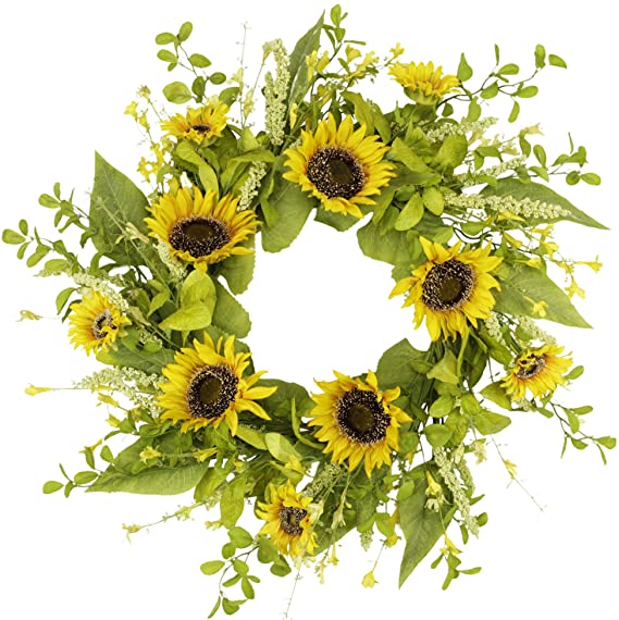 20 Inch Artificial Sunflower Wreath Spring Summer Wreath for Front Door Flower Wreath with Green Leaves for Home Wedding Window Wall Decorations