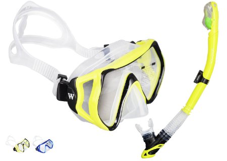 WACOOL Snorkeling Package Set for Adults, Anti-Fog Coated Glass Diving Mask, Snorkel with Silicon Mouth Piece,Purge Valve and Anti-Splash Guard,100% Lifetime Guarantee.