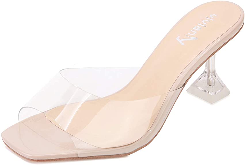 vivianly Womens Clear Heels Sandals Transparent Peep Toe Mules Backless Stiletto High Heels Slip on Heeled Slipper Dress Shoes