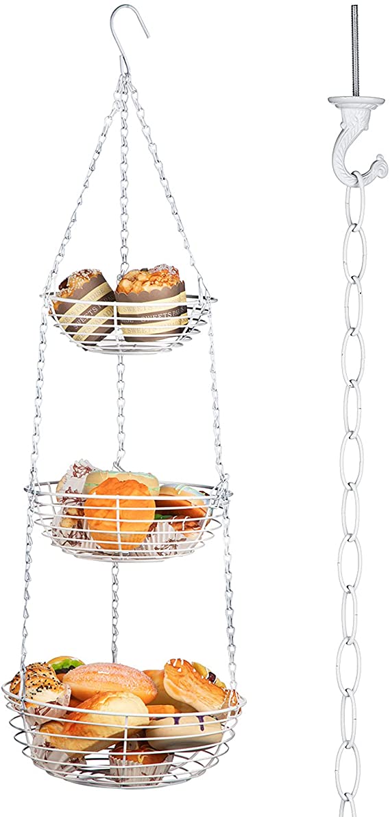 3-Tier Hanging Fruit Basket Vegetable Storage Wire Basket with 16 Inch Fixture Chain and Ceiling Hook for Putting Fruit Vegetables Snacks Household Items (White)