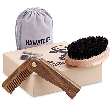 Hawatour Fold Beard Comb and Brush Set for Men Anti-Static Foldable Wood Comb