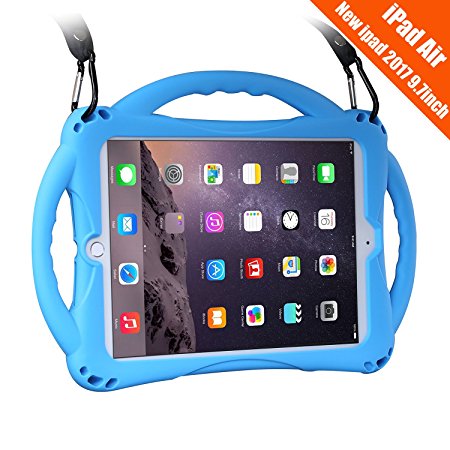 New iPad 2017 9.7 inch Case/iPad Air Case, TopEsct Shockproof Silicone Handle Stand Case Cover&(Tempered Glass Screen Protector) For Apple New iPad 9.7inch(2017 Version) and iPad Air(Blue)