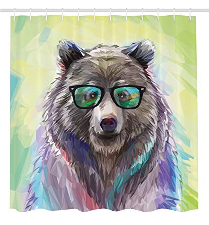 Ambesonne Funny Animal Shower Curtain by, Cool Low Poly Hipster Bear Wild Animal Portrait Spectacled Bear with Fluffy Colorful Fancy Decor Cute Charming Bathroom, Lime Green Blue Gray Pink Purple