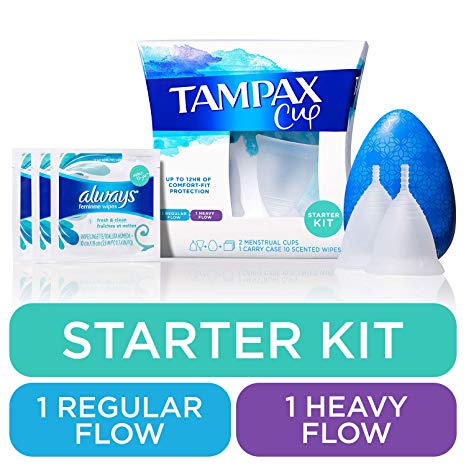 Tampax Menstrual Cups Starter Kit- Tampon Alternative, Heavy and Regular Flow Multipack, Reusable, 12 Hours of Flexible Comfort-fit Protection, with Free Always Wipes and Liners