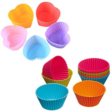 Buytra 24 Pack Reusable Silicone Cupcake Liners Muffin Cups Baking Cups BPA Free Food Grade,6 Colors,Heart and Round Shape