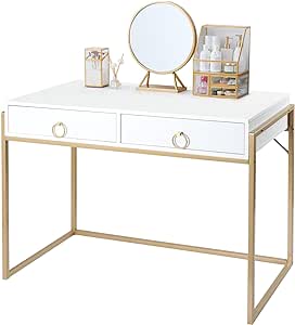 Anmytek Home Office Writing Desk 2 Drawers Storage, Contemporary Makeup Vanity Table Study Desk, W/Matte White and Gold Finish Frame D0003