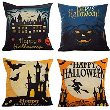 Foozoup Happy Halloween Bat Pumpkin Cotton Linen Home Decorative Throw Pillow Case Cushion Cover Sofa Couch 18 x 18 inch (4 Pack)