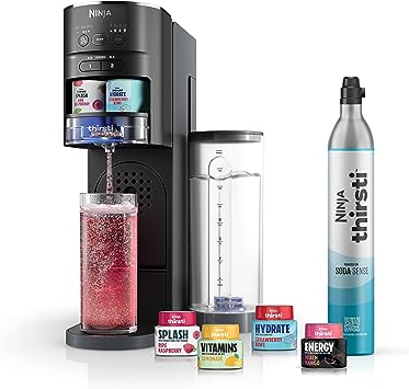 Ninja WC1001 Thirsti Drink System makes Sparkling & Still Water, 6 24-oz Sizes, Includes 60L CO2 Cylinder & 8 Flavored Water Drops, Black