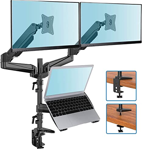 HUANUO Monitor and Laptop Mount, Gas Spring Dual Monitor Stand with Laptop Tray Fit Two 13 to 27 Inch Flat Curved Computer Screens and 10 to 15 Inch Notebooks with C Clamp, Grommet Mounting Base